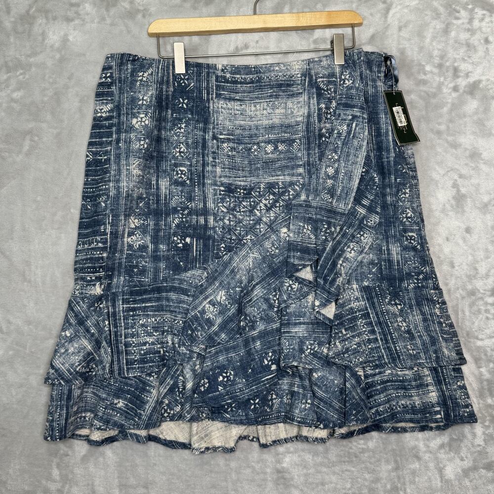 Lauren Ralph Lauren Skirt Womens 14 Blue White Linen Blend Boho Patchwork Ruffle